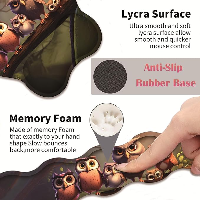 3 in 1 Keyboard Wrist Rest + Mouse Pad and Coaster Ergonomic Gel Mouse Pad and Keyboard Pad Set Comfortable Lightweight for Easy Typing Pain Relie Cute Owl