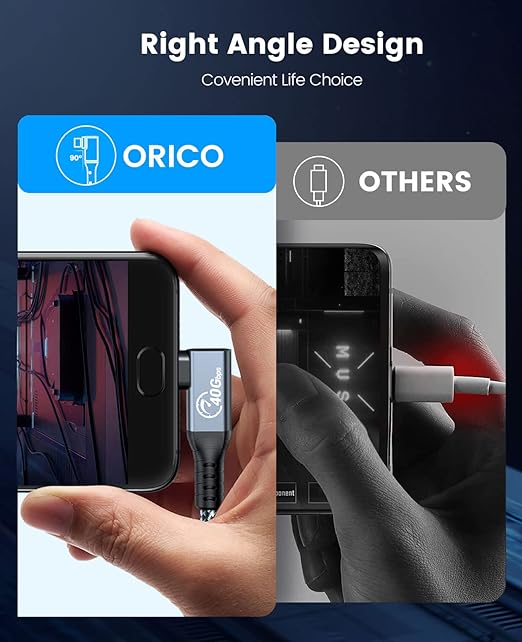 ORICO Cable Compatible with Thunderbolt 4 Right Angle 6.56Ft40Gbps USB C to USB C Cable 100W Charging/Diaply 8K@60Hz Compitable with MacBooks iPad Pro Thunderbolt 4/3 and USB-C Device