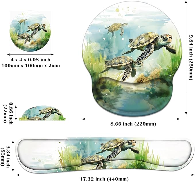 Keyboard Wrist Rest and Mouse Pad Wrist Support Set with Coasters Non-Slip PU Base Ergonomic Gaming Mousepad for Home Office Working Studying Easy Typing &amp Pain Relief - Sea Turtle