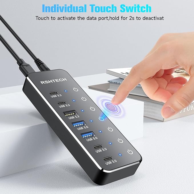 RSHTECH 7-Port Powered USB 3.2/USB-C Hub Splitter with 3 x 10Gbps USB-3.2 Ports (2C + 1A)4 USB-3.0 Ports (2C + 2A) 3.3ft Cable Touch Switches and 5V Power Adapter for Laptop PC