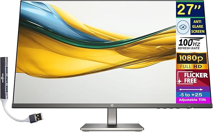 HP Series 5 527da 27 IPS FHD Monitor with 5ms Response Time Anti-Glare Flicker Free 300 nits Brightness VGA HDMI &amp Dockztorm USB Port Expander Black/Metal Gray Color (B11W6AT#ABA)