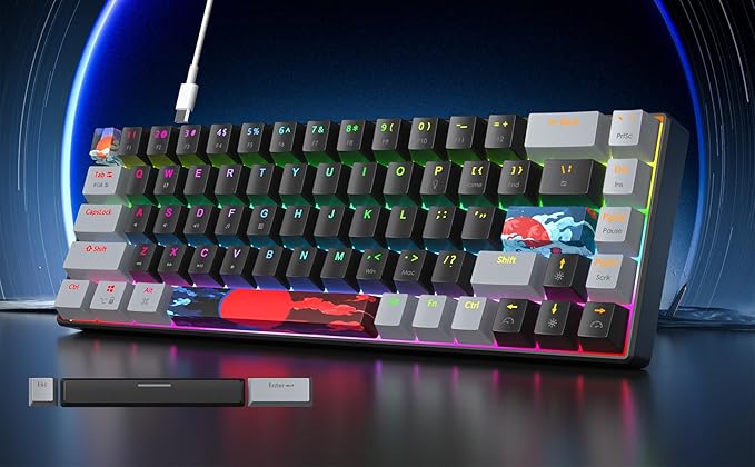 65% Mechanical Keyboard 68-Key Wired Gaming Keyboard with Red Switch RGB Lighting Effect PBT Keycaps Ultra-Compact Mini Keyboard Suitable for Win/Mac(68 Dark)