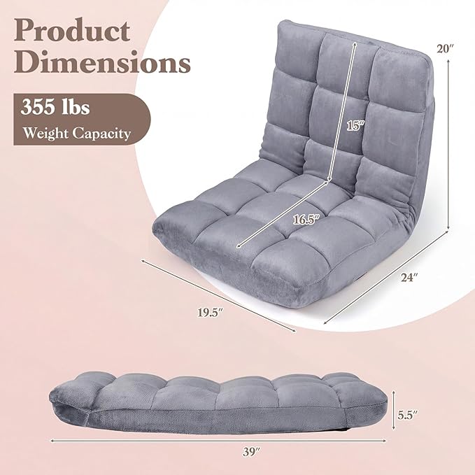 MAT EXPERT Floor Chair with Back Support Floor Gaming Chair w/ 14 Adjustable Position Soft Coral Fleece&ampAlloy Steel Frame Foldable Padded Lazy Couch Recliner for Meditating (Grey Small)