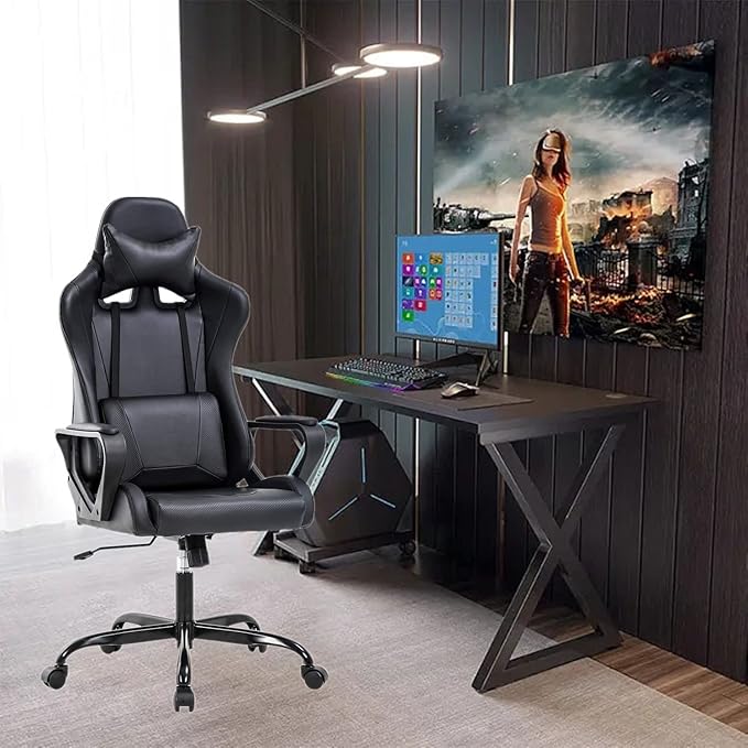 Gaming Chair Office Chair Computer Racing Chair Ergonomic Video Game Chairs for Adult Kids Teen Height Adjustable Reclining Chair with Lumbar Support Armrest Headrest Swivel Chair Black