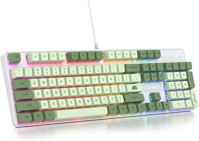 Fogruaden Mechanical Keyboard Green Matcha Wired USB 104 Key RGB Backlit Gaming Keyboard with Number Pad Red Switches NKRO for Windows Laptop PC Gamer