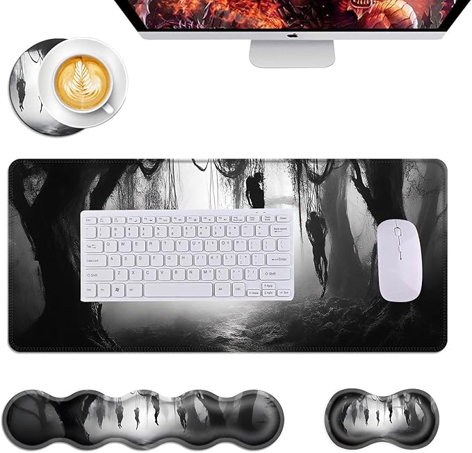 Mouse PadLarge Desk Mat Set 4in1 XL Mousepad + Keyboard Wrist Rest+Mouse Wrist Rest+Coaster with Ergonomic Desk Pad for Home Office Table Computer Cover -Mystical Dark Forest Scene
