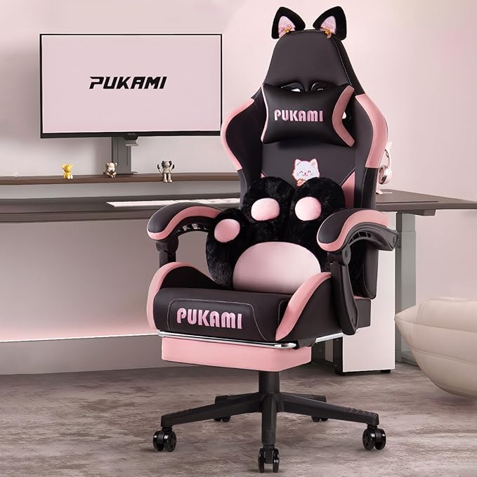 PUKAMI Gaming Chair with Cat EarsCute Computer Chair for Girl with FootrestErgonomic Gamer Chair Kawaii Gaming Chair Game Chair (Light Black)