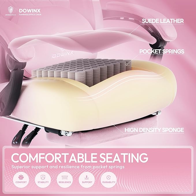 Dowinx Fabric Gaming Chair with Heated Massage Lumbar Support Gaming Chairs for Adults Big and Tall Gamer Chair with Pocket Spring Cushion and Footrest Ergonomic Recliner Computer Chair Pink