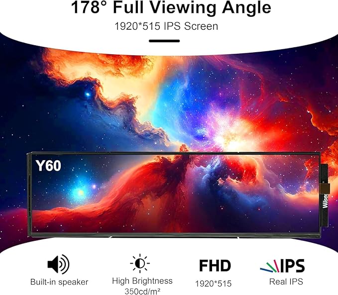 12.6 Inch Bar LCD Screen HDMI Display Monitor 1920x515 IPS DIY Kits Dual Built-in Speakers for Hyte Y60 Computer Gaming PC Case CPU GPU Secondary Monitor Easy Install Black