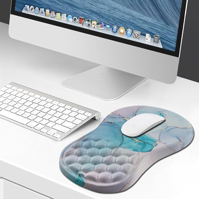 Hokafenle Ergonomic Mouse Pad Wrist Support Wrist Rest Mousepad for Carpal Tunnel Pain Relief with Integrated Memory Foam Slope Massage Bulge (11.8x7.9 inchBlue Marble