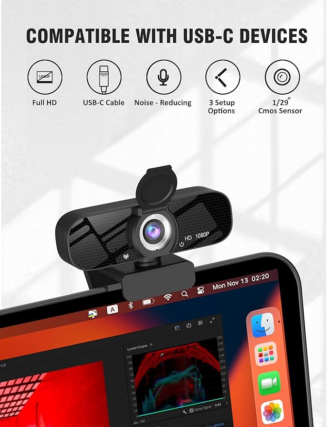 1080P HD Webcam with Built-in Microphone Rotatable Tripod Wide-Angle LensPrivacy Cover Auto Light Correction Plug &amp Play USB-A Webcam for Laptop Desktop PC Streaming-Black-1