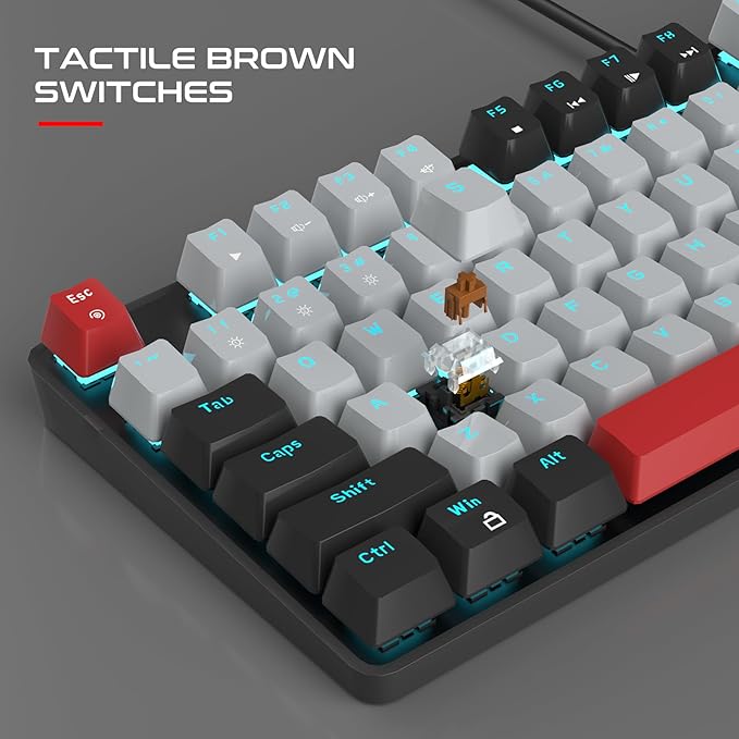 MageGee Mechanical Gaming Keyboard 104 Keys Blue Backlit Keyboards with Brown Switches &amp Double-Shot Keycaps USB Wired Mechanical Computer Keyboard for Laptop Desktop PC Gamers (Black &amp Gr