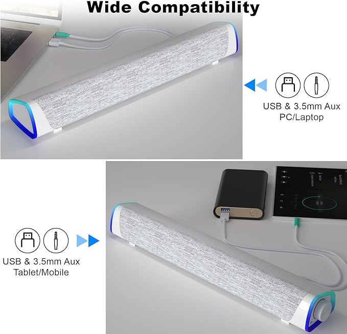SOULION R30 Computer Speakers USB Powered 3.5mm AUX Small PC Speaker Colorful LED Lights with Switch Button Surround Sound Bar Speaker for Desktop Laptop White