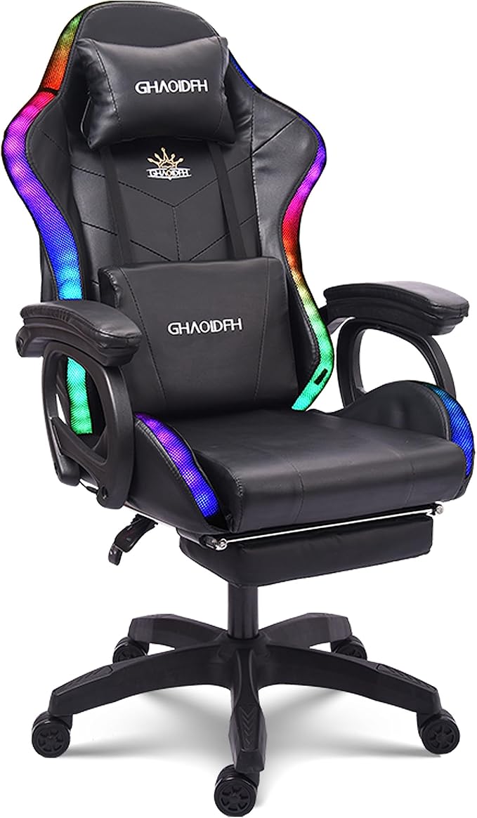 Racing Chair Ergonomic Chair with Headrest and Lumbar Support Video Gaming Chair with Speaker and LED Light 90°-135° Tilt Computer Chairfor Adult Teen Gamer Gaming Chair.Black
