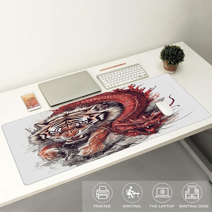 Large Mouse Mat Tiger Dragon Animal Computer Mousepad with Non-Slip Rubber Base Waterproof Mouse Pad Desktop Keyboard Pad for GamerHome School Laptop Office Accessories35.4x15.7 in