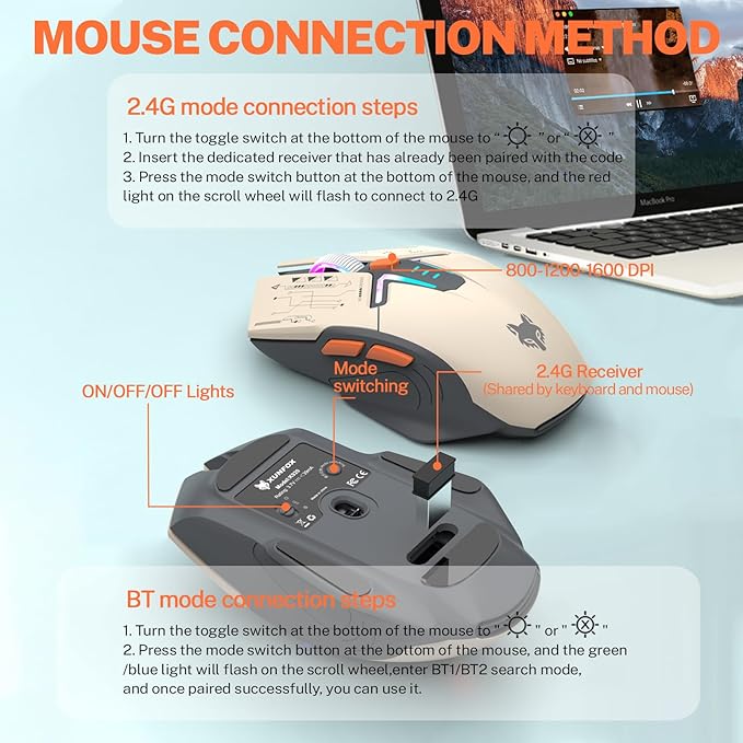 75 ％ Wireless Gaming Keyboard and Mouse Combo Tri-Mode BT5.0/2.4GHz/USB-C RGB Backlit Keyboard + 3D 1600DPI Mice 2000mAh Battery 80 Keys Knob Volume Control (Black)