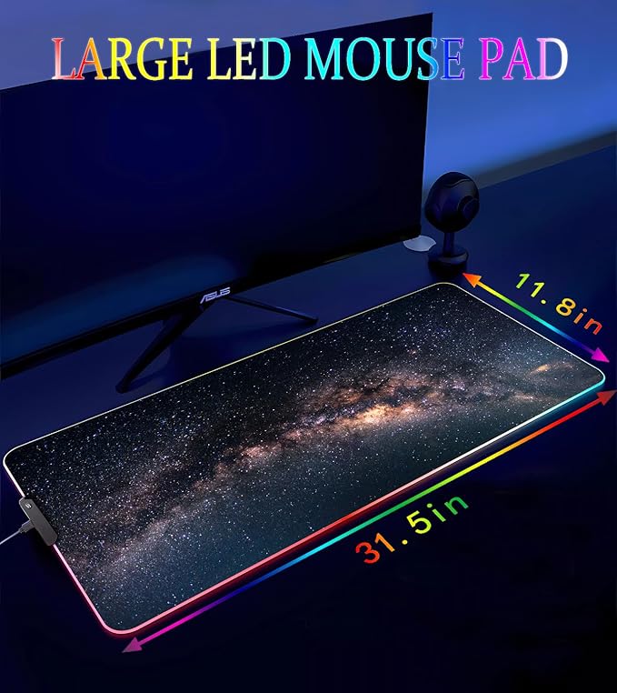 RGB Gaming Mouse Pad Large Mousepad with Led Light Keyboard Pad Gaming Accessories for Desk Non-Slip Rubber Base Big Mouse Mat for Gamer 31.5 X 11.8 Inch Galaxy
