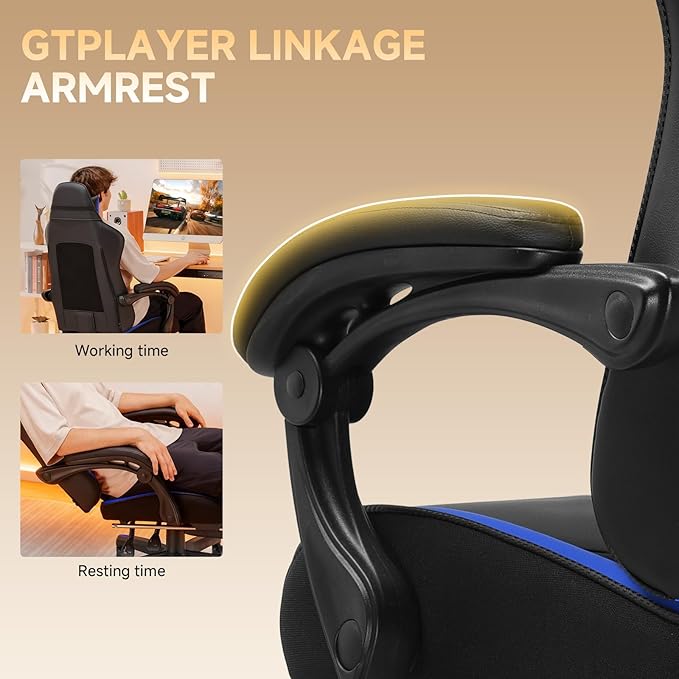 GTPLAYER Gaming Chair High Back Leather Computer Gaming Chair with Footrest Ergonomic Height Adjustable Office Chair with Removable Cover and Lumbar Support for Gaming and Work (Blue)
