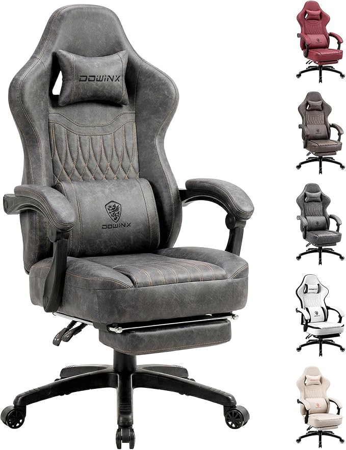 Dowinx Gaming Chair Breathable PU Leather Gamer Chair with Footrest Massage Lumbar Support Big and Tall Ergonomic Reclining Computer Chair with Pocket Spring Cushion for Adults Teens (Grey)