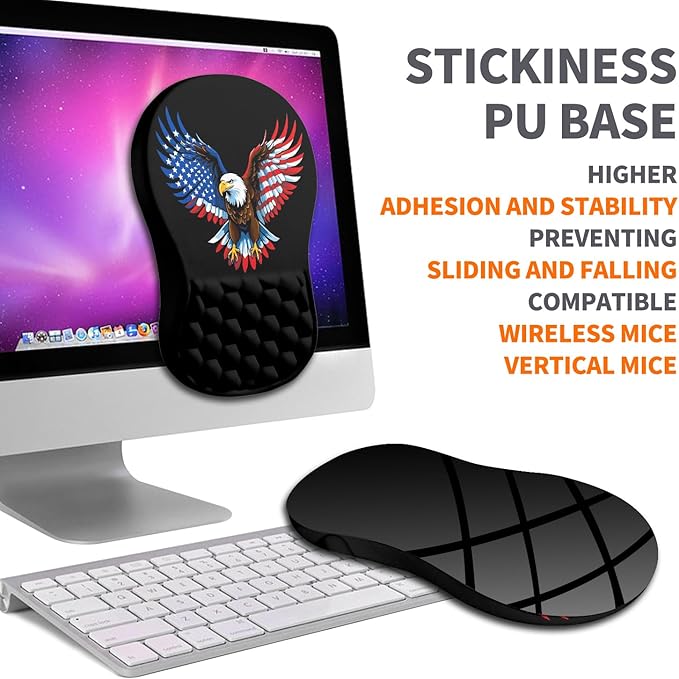 Ergonomic Joint Wrist Support Mouse Pad with Memory Foam Cushion Massage Bump Carpal Tunnel Pain Relief Mousepad Slope Design for Wrist Rest 11.8x7.9 in Eagle Flag
