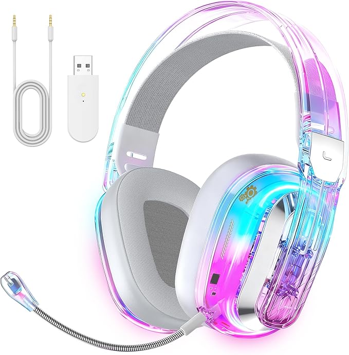 BENGOO Wireless Gaming Headset for PS5 PS4 PC Switch Mac 2.4GHz USB Over Ear Gaming Headphones with Crystal RGB Lights