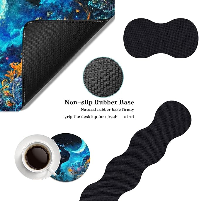Mouse PadLarge Desk Mat Set 4in1 XL Mousepad + Keyboard Wrist Rest+Mouse Wrist Rest+Coaster with Ergonomic Desk Pad for Home Office Table Computer Cover -Cosmic Black Cat and Moon