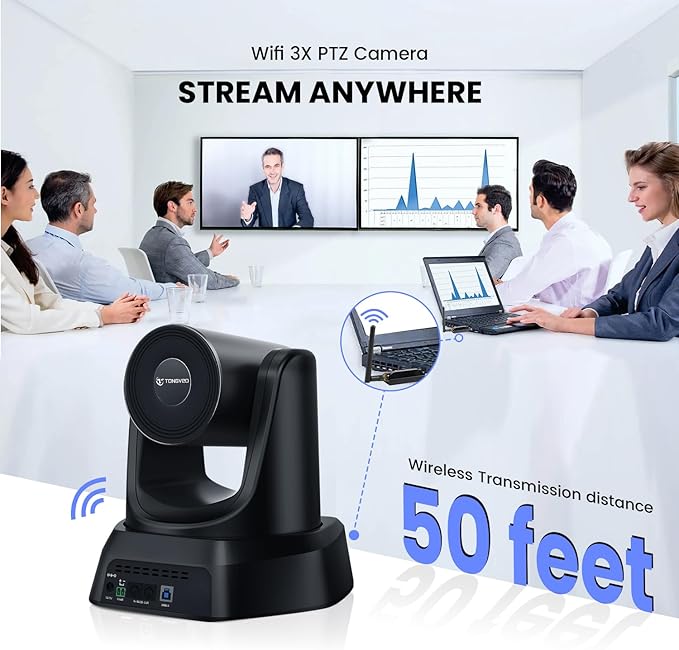 TONGVEO Wireless AI PTZ Camera with Auto-Tracking: Built-in 5.8GHz Receiver for Cable-Free Setup 1080P 60fps 3X Zoom Conference Camera for Church Services Online Classes &amp Hybrid Meetings