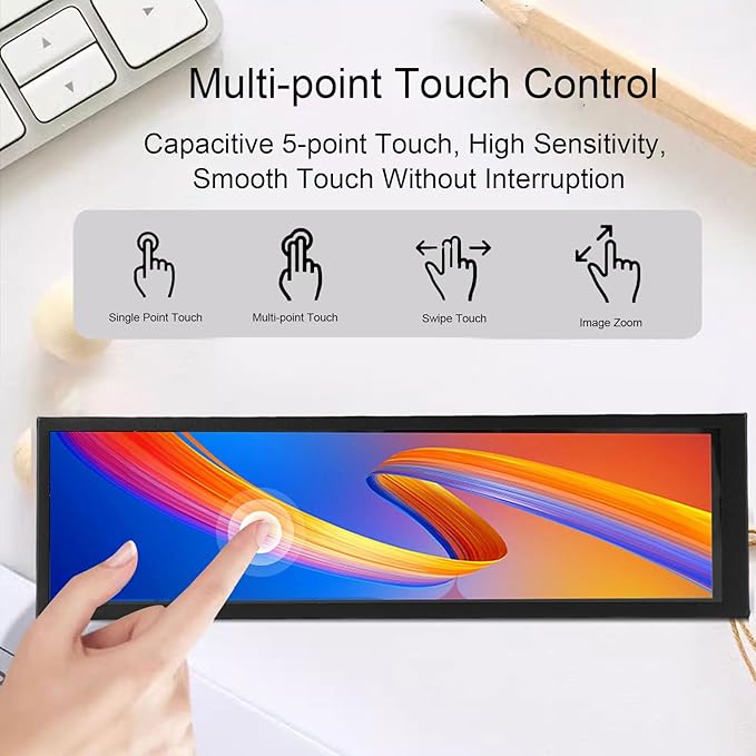 8.8 Inch Computer Temp Display FHD 1920x480 Mini Screen Monitor 178 Degree Wide Viewing Angle Supports Dynamic Themes for Important Data Display (Capacitive Version)
