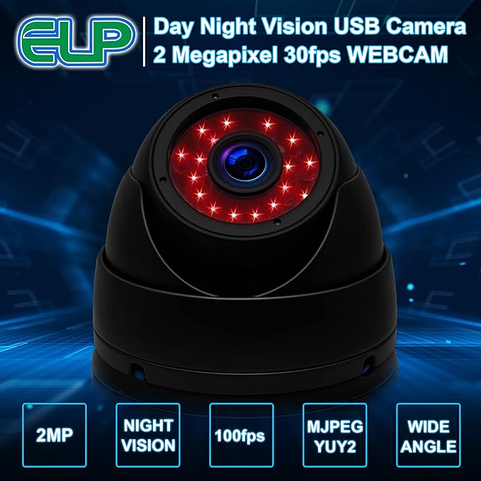 ELP 3.6mm 1080P Dome Camera with IR LED Night Vision HD Webcam Infrared PC Camera with Metal Case Waterproof Outdoor USB Security Camera CCTV Home Surveillance System 30/60/120fps Auto IR Camera