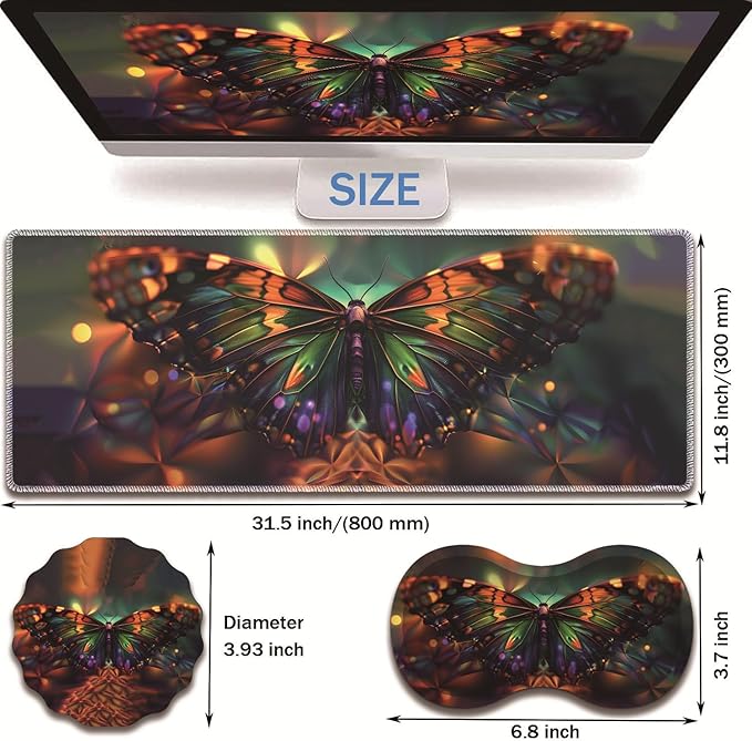 Extended Non-Slip Mouse Pad + Mouse Wrist Rest + Lace-Shaped Coaster Set Ergonomic Design Suitable for Desk and Home Gaming Table Mat Psychedelic Butterfly