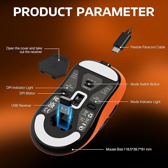 ATTACK SHARK X3 Wireless Gaming Mouse 49g Ergonomic Computer Mouse Triple Modes PAW3395 26K DPI Optical Sensor 200h Battery Life Programmable Buttons Gaming Accessories for PC/Laptop/Mac(Orange)