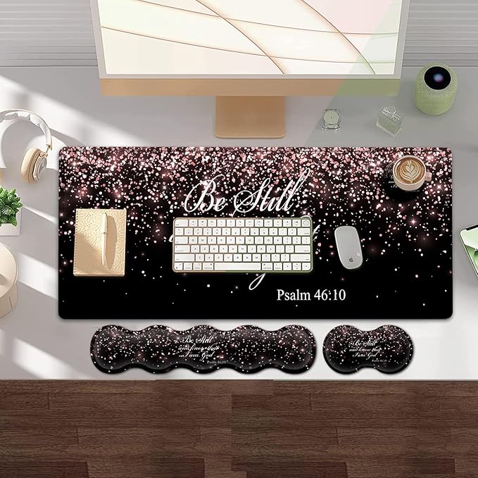 Large Gaming Mouse PadExtended Office Desk MatWaterproof Desk Writing Pad for Office/Home Ergonomic Mouse &ampKeyboard Wrist RestPsalm 46：10 Rose Gold Glitter Laptop Desk Pad Black Mousepad Wrist