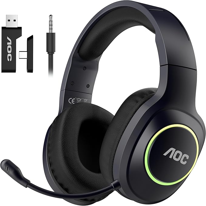 AOC Wireless Gaming Headphones with Bluetooth 5.4 &amp USB-C for PS5/4 Nintendo Switch PC Laptop 2.4GHz Gaming Headset with Mic 20ms Latency 45H Playtime 7.1 Virtual Surround- Glossy Black