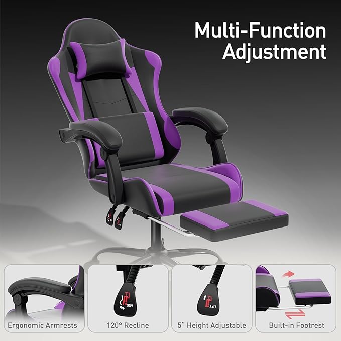 MoNiBloom Gaming Chair Office Chair Leather High Back Computer Chair with Headrest and Lumbar Support 360° Swivel Ergonomic Footrest Adjustable Gamer Chair for Adult Teen Home Office Using Purple