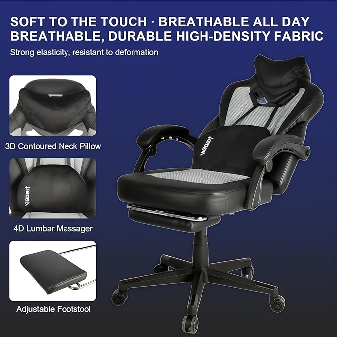 Gaming Chair PRO Ergonomic Gaming Chairs for Adults Heavy People Massage Reclining Office Desk Computer Chair with Footrest and Lumbar Support Big Tall Mesh Gamer Chair with Cushion (Grey)