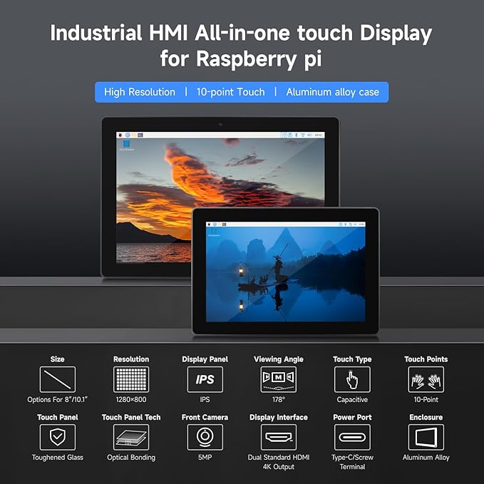 waveshare Industrial HMI All-in-one 10.1inch Touch Display Compatible with Raspberry Pi (Not Included) Supports Dual 4K HDMI Output 10-Point Touch Aluminum Alloy Case Efficient Heat Dissipation