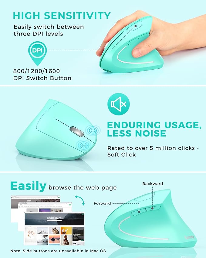 Lekvey Ergonomic Mouse Vertical Wireless Mouse Rechargeable 2.4 GHz Optical Carpal Tunnel Mouse : 800/1200 / 1600 DPI 6 Buttons for Laptop PC Mac Computer Desktop Notebook etc Green
