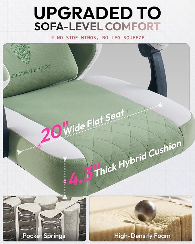 Dowinx Fabric Gaming Chair Computer Office Chair with Pocket Spring Cushions and Lumbar Support Ergonomic Massage Gaming Chairs with Footrest for Big and Tall Green