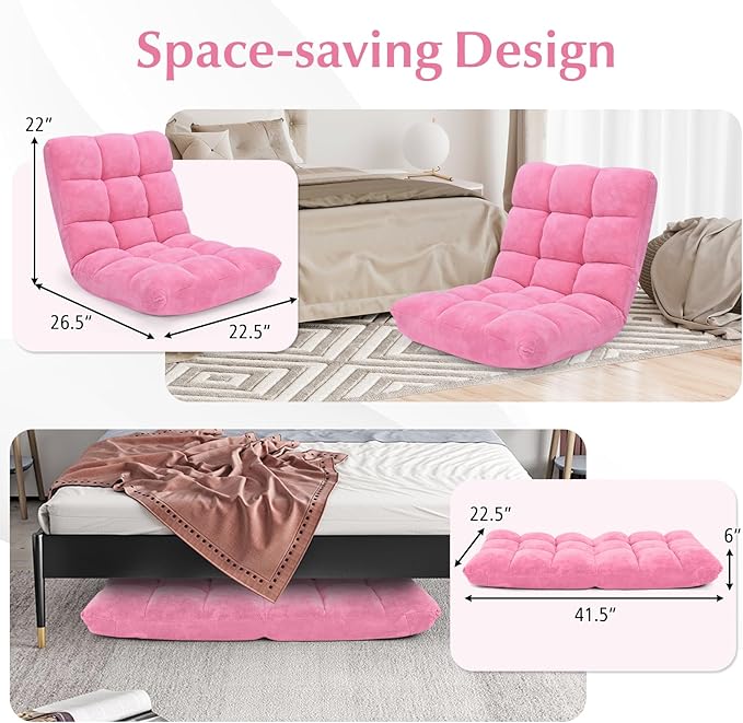 14-Position Floor Sofa Folding Gaming Sofa Chair Comfy Cushions &amp Study Steel Frame Angle Adjustable Sleeper Bed Couch Recliner (Pink)