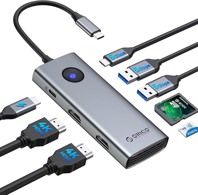 ORICO USB C Docking Station Dual Monitor 8-in-1 Laptop Docking Station with 2 HDMI 4K@60Hz 100W PD USB-A&ampC 3.0 SD/TF USB C Dock Compatible with MackBook/Dell XPS/HP/Surface