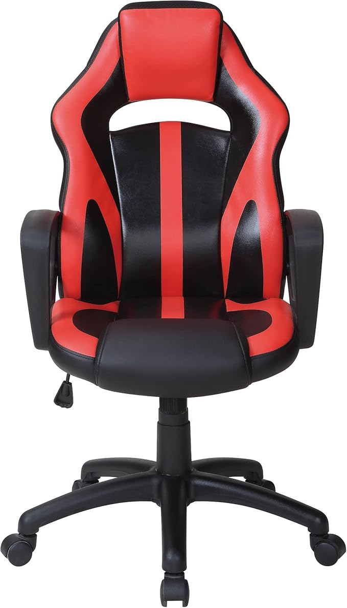 OSP Home Furnishings Influx Adjustable Faux Leather Gaming Chair with Lumbar Support and Full 360 Rotation Red Accents
