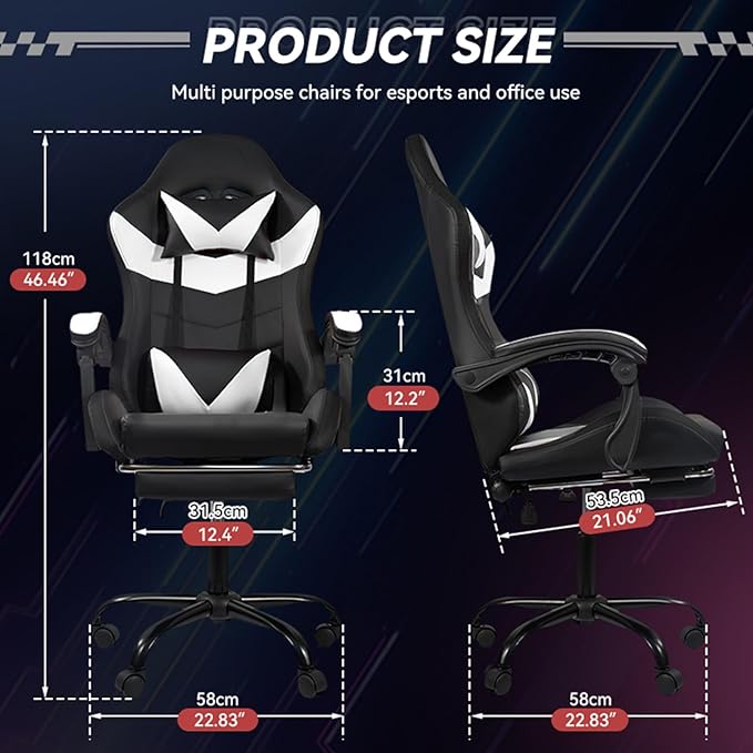 Gaming Chair Computer Chair with Footrest and Lumbar Support &amp LED Height Adjustable Game Chair with 360°-Swivel Seat and Headrest and for Office or Gaming