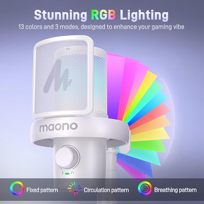 MAONO Wireless Gaming Microphone USB Condenser Mic with Software Noise Cancellation AI Voice Changer RGB Lights Mute Gain for Streaming Recording Podcast Computer PC Laptop DM40 White