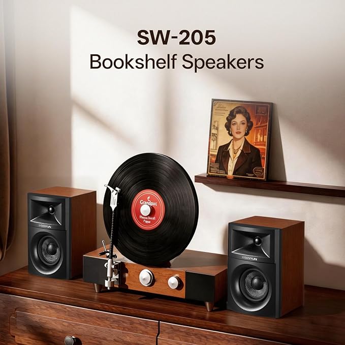 Sanyun SW205 80W Powered Bookshelf Speakers with 3D Soundstage | Precision DSP Spatial Audio &amp Geometric Cabinet | 4 Glass Fiber Woofer Optical/Bluetooth 5.4/AUX Wireless Remote (Pair Cherry)
