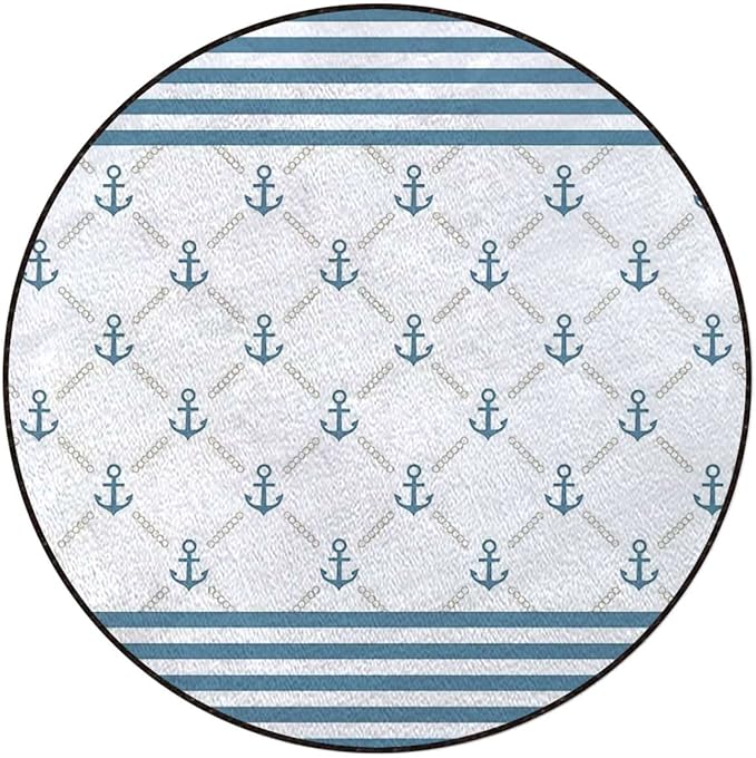 Anchor Gaming Chair Mat Round Floor Mats for Office Chair Computer Gaming Desk Mat for Rolling Chair Non-Slip Gaming Rug Marine Anchor Striped BackgroundPale Blue White Diameter 43.3 in