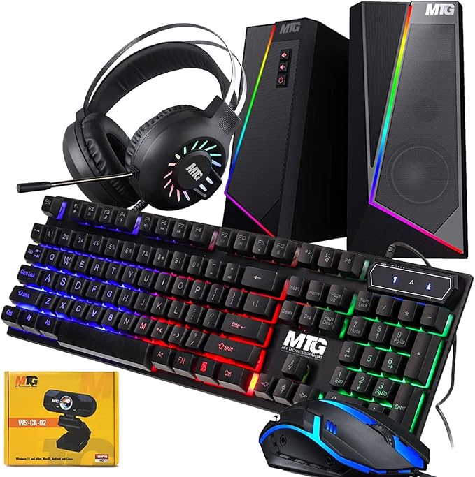 MTG RGB Backlit Mechanical Wired Gaming Keyboard and Mouse Full Anti-ghosting Keys and RGB Stereo Speaker with 6 Colorful LED Modes with RGB Headphone and Webcam for PC Laptop Combo