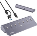 FIDECO Powered USB Hub 7 Port 10Gbps Fast Data Hub for iPhone 16/15 and Laptop Full Aluminum USB Splitter with 5V 3A Power Adapter 4 USB A and 3 USB C Ports Support BC1.2 Charging Grey