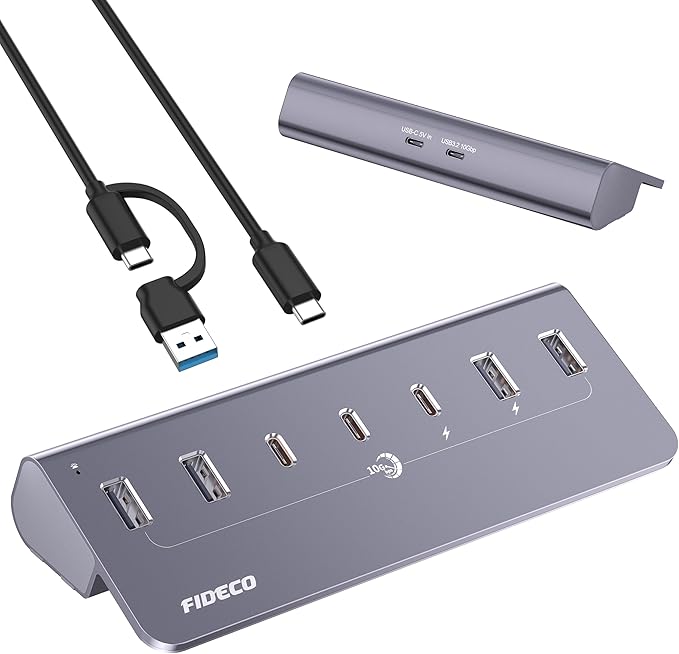 FIDECO Powered USB Hub 7 Port 10Gbps Fast Data Hub for iPhone 16/15 and Laptop Full Aluminum USB Splitter with 5V 3A Power Adapter 4 USB A and 3 USB C Ports Support BC1.2 Charging Grey