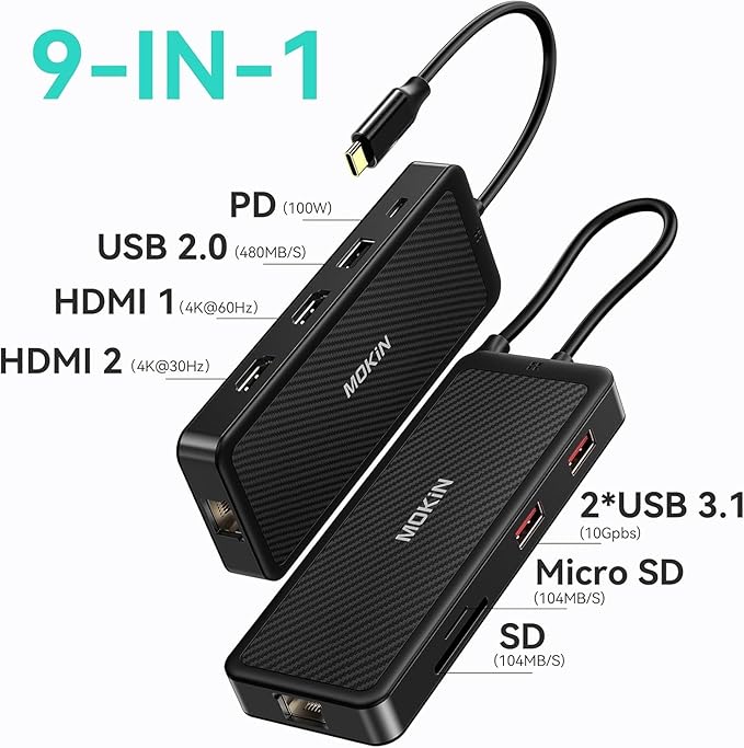 MOKiN USB-C Hub 9-in-1 USBC Dock Dual 4K HDMI USB C to USB Adapter 1 Gbps Ethernet Hub 100W Power Delivery SD Card Reader for MacBook Pro XPS and More