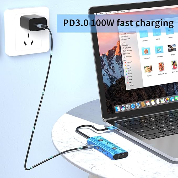 AI USB C Hub 12-in-1 Aluminum Blue Hub with GPT Voice Input 100W HDMI 4K VGA USB 3.0 Card Reader for MacBook HP Dell 0.48x0.15x0.06 Inches